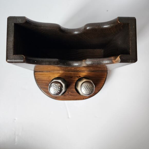 Vintage Wooden Napkin Salt Pepper Holder Picnic Rustic Shakers Dark Retro - Picture 5 of 9